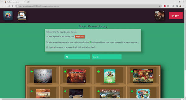 A gif showing the The Board Game Library website